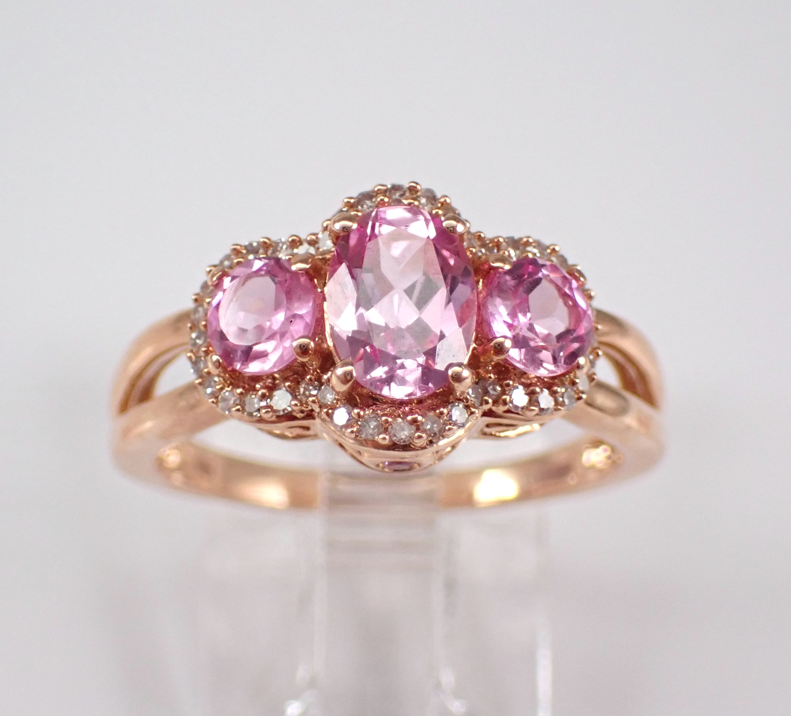 14K Rose Gold Pink Topaz Ring - Three Stone Diamond Halo Anniversary Band - Unique Bridal Wedding Gift