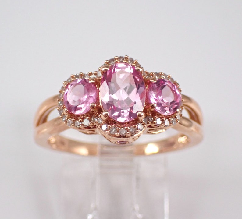14K Rose Gold Pink Topaz Ring Three Stone Diamond Halo Anniversary Band Unique Bridal Wedding Gift image 1