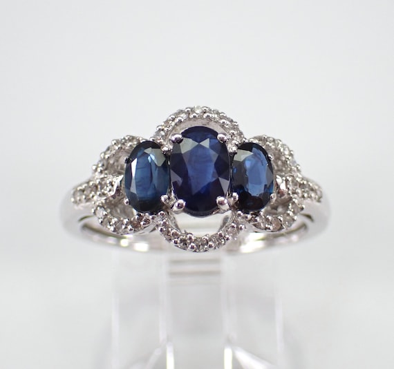 Sapphire and Diamond Engagement Ring, White Gold Birthstone Three Stone Anniversary Band, September Gemstone Jewelry Gift