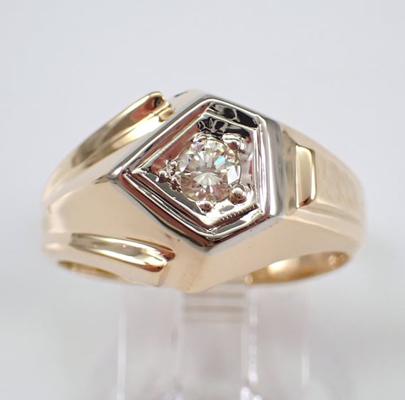 Vintage Solitaire Diamond Pinky Ring - Unique Mens Engagement Gift - 14K Yellow Gold Wedding Band for Him