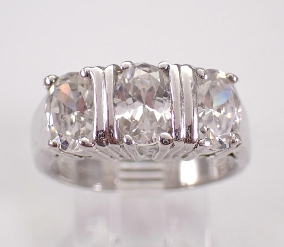 Vintage Sterling Silver Cubic Zirconia Engagement Ring, Three Stone Oval CZ Band, Simple Bridal Promise Jewelry Gift