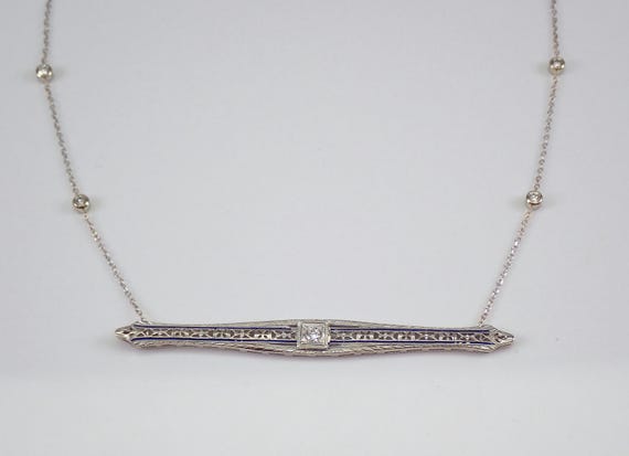 14K White Gold Diamond Bar Necklace - Art Deco Filigree Blue Enamel Station Pendant - 20s Choker Chain Fine Jewelry Gift