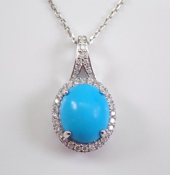 Genuine Turquoise Pendant Necklace - Diamond Halo Setting - 14K White Gold Fine Jewelry - Diamonds by the Yard Chain