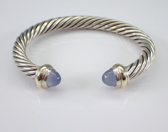 Vintage DAVID YURMAN Bangle Bracelet - Estate 14K Gold and Sterling Silver Chalcedony Cuff