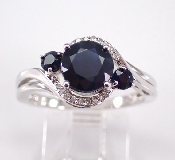 14K White Gold Sapphire Three Stone Ring, Diamond Anniversary Band Setting, September Gemstone Fine Jewelry Gift
