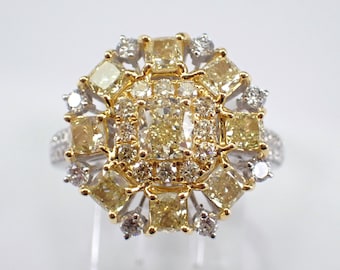 Yellow Canary Diamond Cluster Engagement Ring - 18k Multi Tone Gold Fancy Color Bridal Fine Jewelry Gift