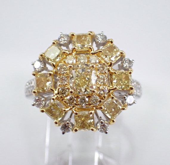 Yellow Canary Diamond Cluster Engagement Ring - 18k Multi Tone Gold Fancy Color Bridal Fine Jewelry Gift