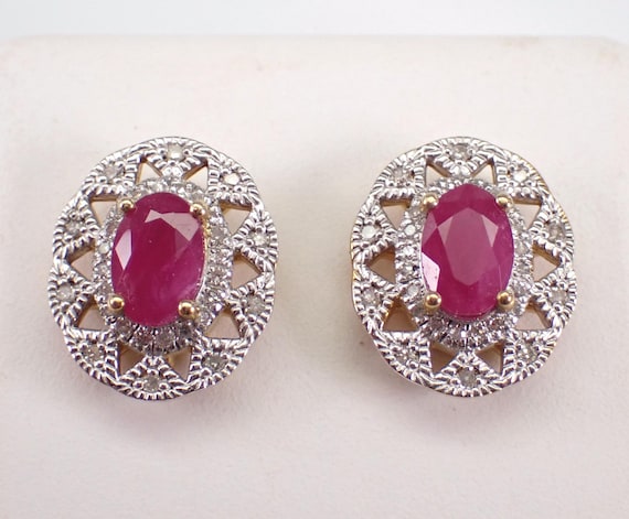 Yellow Gold Ruby Stud Earrings, Diamond Halo Snowflake Studs, July Birthstone Fine Jewelry Gift