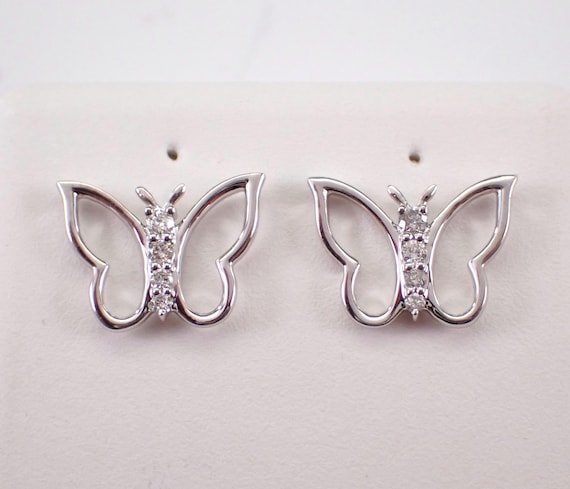 Diamond Butterfly Earrings - White Gold Butter Fly Wings Studs - Birthday Graduation Gift for Daughter
