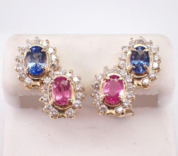 Blue and Pink Sapphire Earrings - 14K Yellow Gold Diamond Halo Studs - Bridal Gemstone Fine Jewelry Gift