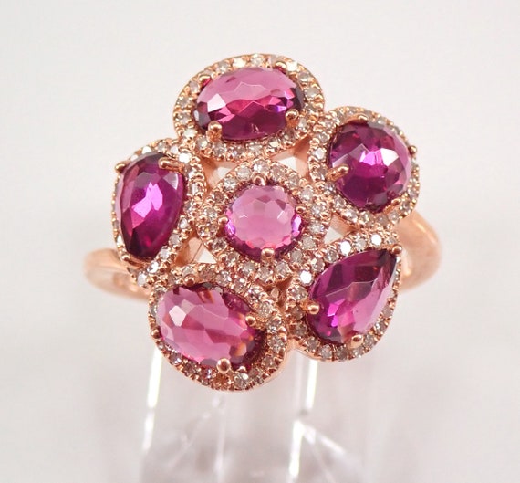 Rose Gold 4.50 ct Diamond and Rhodolite Garnet Cluster Halo Cocktail Ring Size 7 FREE SIZING