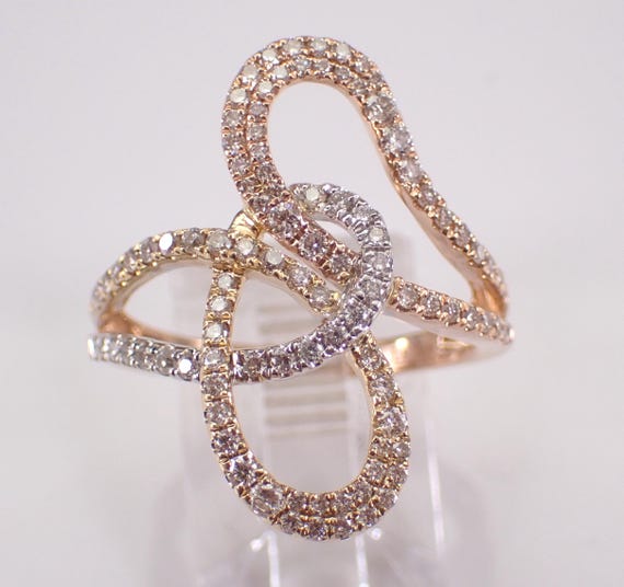 14K Tri Color Gold Diamond LeVian Ring: Interlocking White Yellow and Pink Love Knot Band