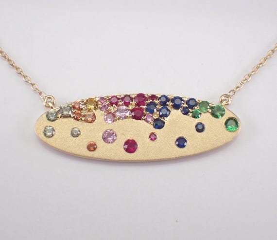 Multi Color Sapphire Charm Necklace: Yellow Gold Cluster Station Disk Pendant and Choker Chain