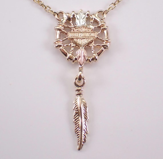 Vintage Yellow Gold Harley Davidson Necklace: Estate Dangle Feather Charm Pendant and Chain
