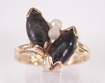 Vintage Jet and Pearl Ring, Antique 14K Yellow Gold Gemstone Band
