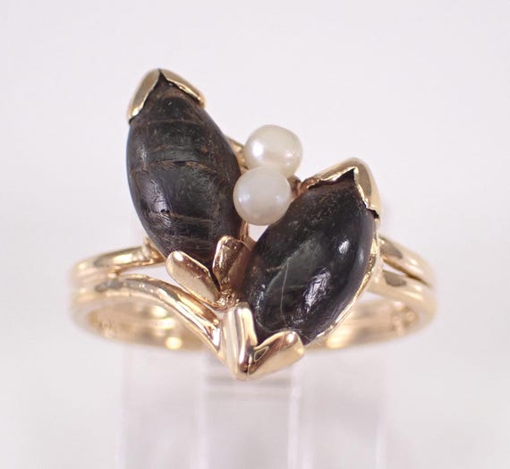 Vintage Jet and Pearl Ring, Antique 14K Yellow Gold Gemstone Band