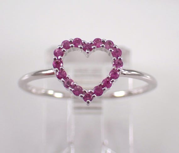 White Gold Pink Sapphire Heart Ring, Dainty Gemstone Jewelry Gift, Unique Birthday Valentines Day