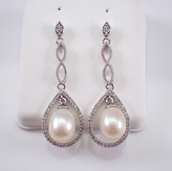 Pearl and Diamond Dangle Teardrop Earrings - White Gold Fine Jewelry Wedding Gift - June Birthstone Gemstone