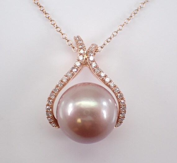 14K Rose Gold Pink Pearl Pendant and Chain - Unique Diamond Charm Necklace - Large Colored South Sea Jewelry Gift