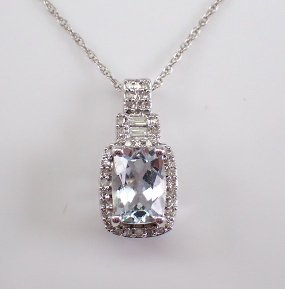 Cushion Cut Aquamarine Pendant and Chain - White Gold Diamond Halo Necklace - Dainty March Birthstone Charm