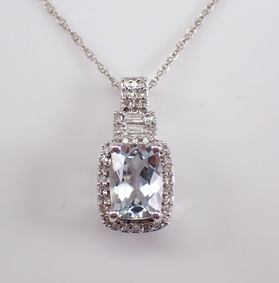 White Gold Aquamarine Pendant and Chain - Dainty Diamond Halo Charm Necklace - March Birthstone Gemstone Jewelry