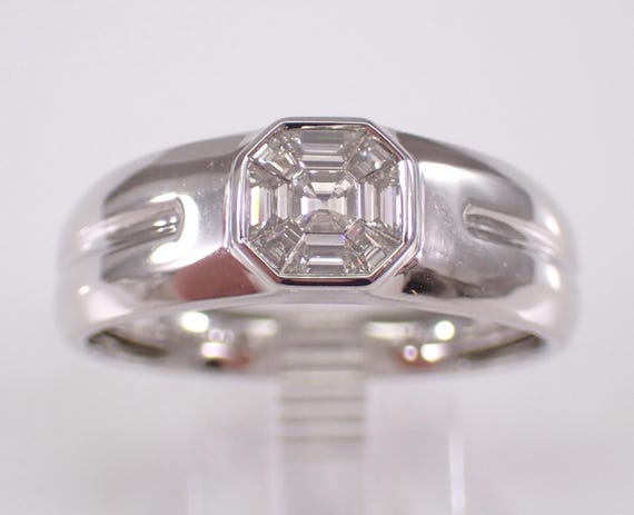 Mens White Gold Diamond Engagement Ring - Square Asscher Cluster Bridal Wedding Band