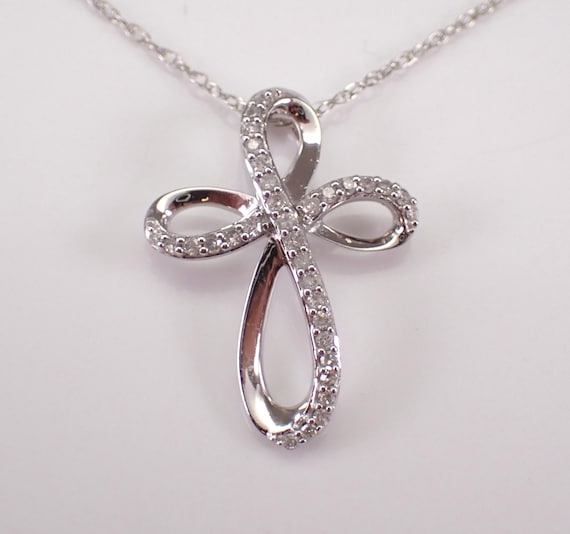 White Gold Diamond Cross Pendant, Dainty Religious Charm Necklace, Crucifix Gift on Thin 18 inch Chain