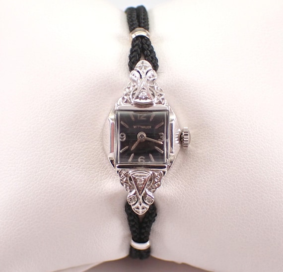 Antique 14K White Gold Diamond WITTNAUER Watch - Art Deco Ladies Black Nylon Bracelet Wristwatch