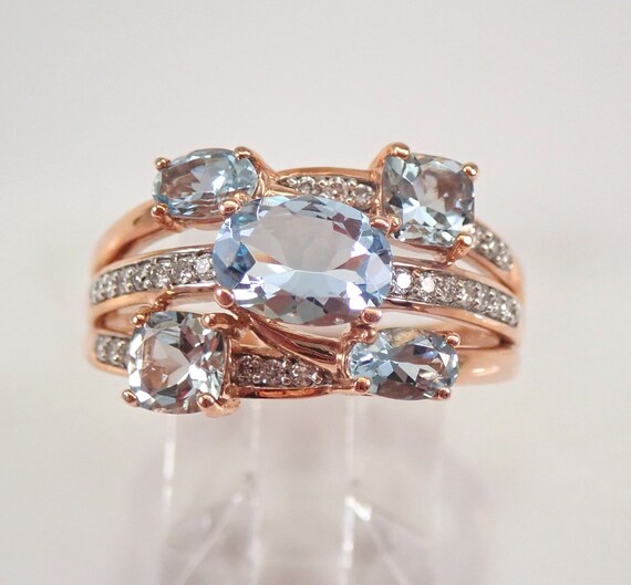 2.25 ct Aquamarine and Diamond Multi Row Cocktail Ring Rose Gold Aqua Band Size 7 FREE SIZING