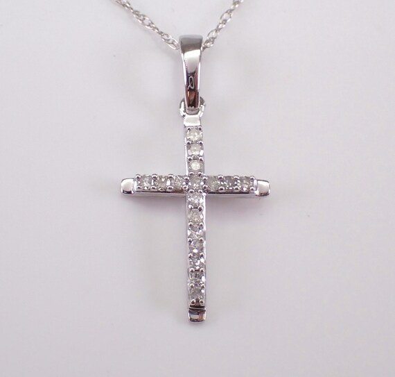 Diamond Cross Charm Pendant - Solid White Gold Necklace and Chain - Small Dainty Religious Jewelry Drop Gift