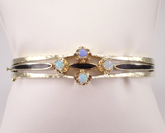 Vintage 14K Yellow Gold Opal Bangle Bracelet - 60s Estate Black Enamel Jewelry Gift