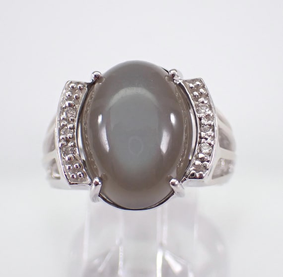 Vintage Gray Cats Eye Moonstone Ring - Estate 14K White Gold Diamond Band - Unique 60s Unisex Mens Pinky Jewelry