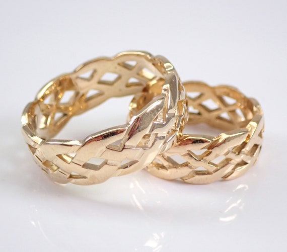 Vintage Couples Wedding Ring Set - HIS and HER 14K Gold Braided Bands - Bridal Anniversary Ring Set For Him Them