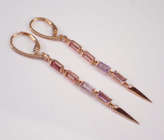 14K Rose Gold Diamond Dangle Earrings - Amethyst and Pink Tourmaline Baguette Gemstones - Dainty Petite Tennis Bar Drops