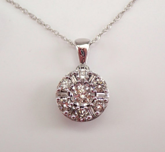 White Gold Diamond Halo Cluster Pendant Necklace Chain 18" Perfect Graduation Gift