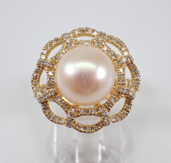 South Sea Pearl and Diamond Ring - 14K Yellow Gold Large Cocktail Ring - June Birthstone Jewelry Gift