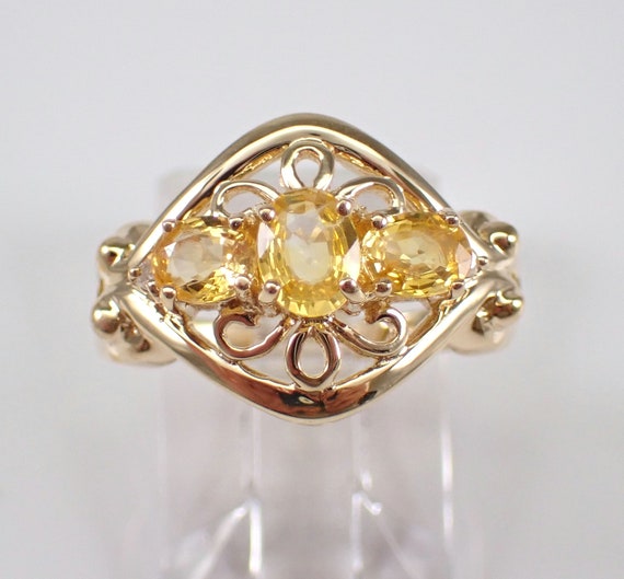 Vintage Yellow Sapphire and Diamond Ring - Yellow Gold Three Stone Gemstone Band - September Birthstone Fine Jewelry Gift