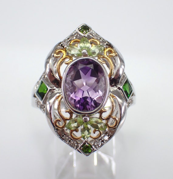 Sterling Silver Amethyst Cocktail Ring - Vintage Multi Color Gemstone Jewelry Gift