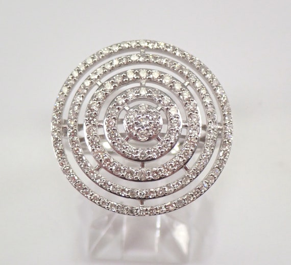 14K White Gold Diamond Circles Ring - Unique Geometric Fine Jewelry Design - Multi Row Bridal Anniversary Gift
