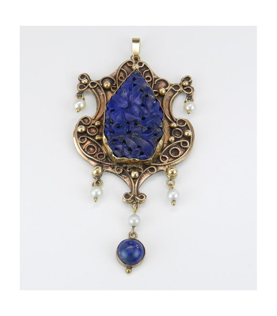 1890s Edwardian Lapis Lazuli Pendant - 14K Yellow… - image 1