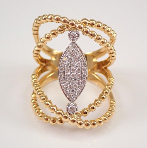 18K Yellow Gold Diamond Bridge Band - Elongated Wide Beaded Fashion Ring - GalaxyGems Modern Fine Jewelry Gift