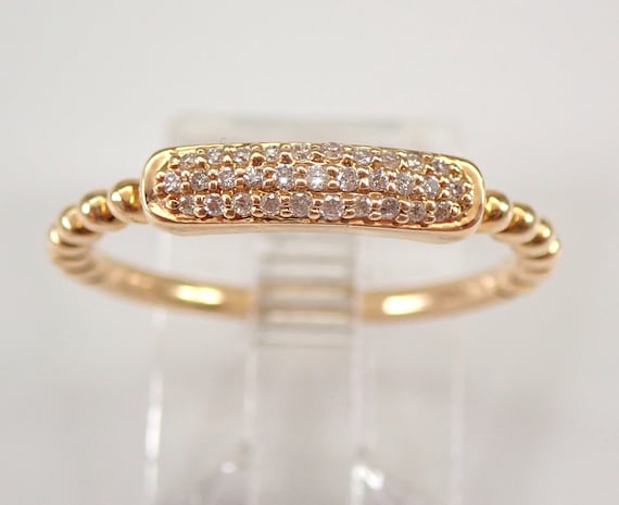 14K Yellow Gold Diamond Ring - Unique Wedding Anniversary Band - Stackable Beaded Pave Set Ring
