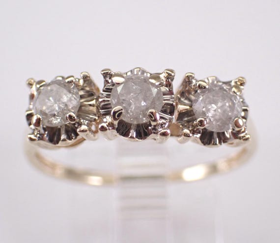 Vintage Yellow Gold Diamond Engagement Ring - Three Stone Simple Promise Setting - Dainty Bridal Fine Jewelry Gift
