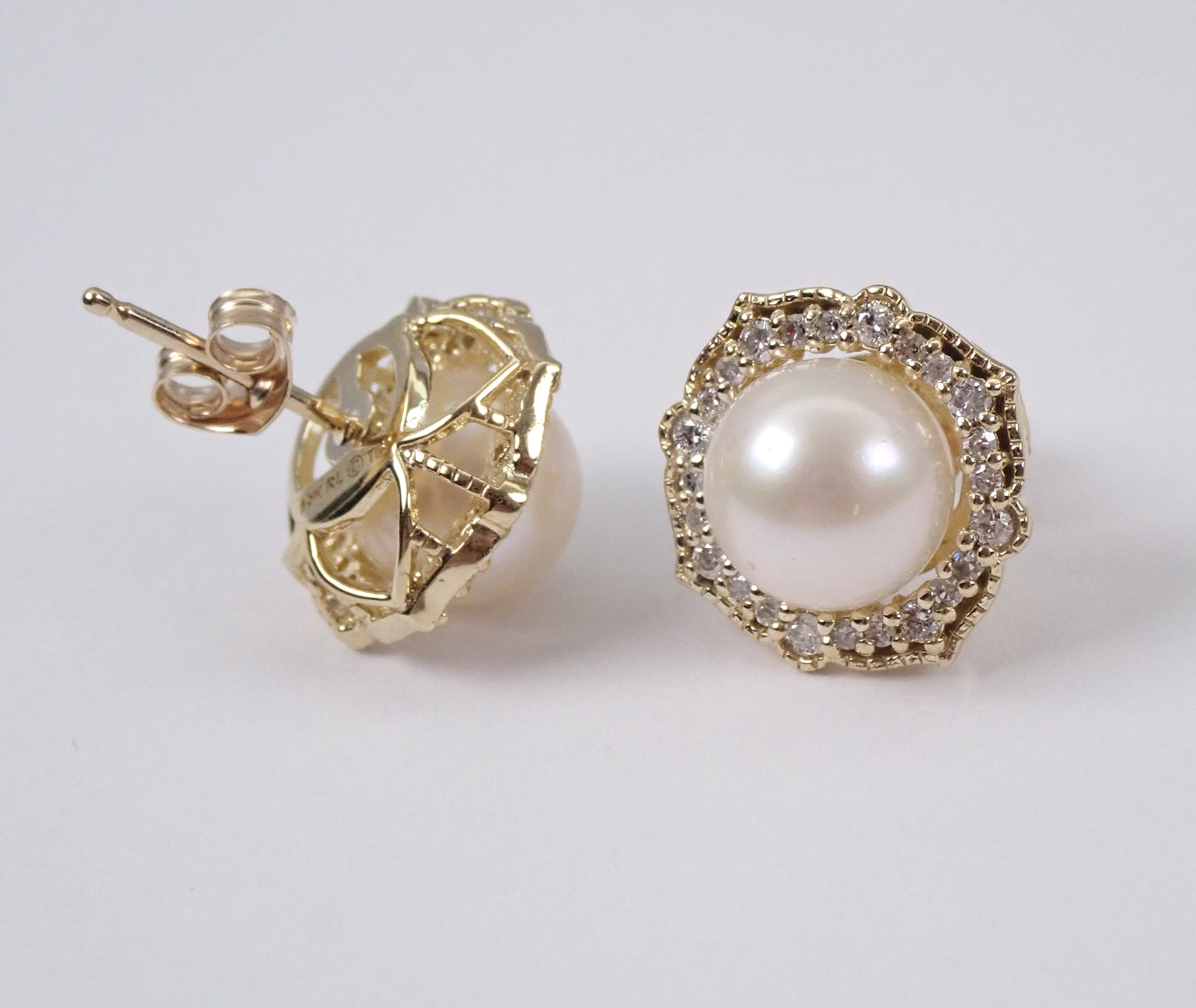 Pearl and Diamond Halo Stud Earrings Yellow Gold June Birthstone ...