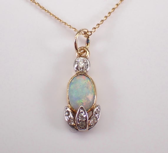 Vintage Opal and Diamond Necklace - Antique 14K Yellow Gold Charm Pendant and Chain -  October Birthstone Gemstone Jewelry Gift