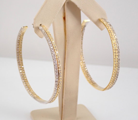 18K Yellow and White Gold Diamond Earrings - Large Two Tone In and Out Hoops - Secure ScrewBack Post - Bridal Jewelry Gift