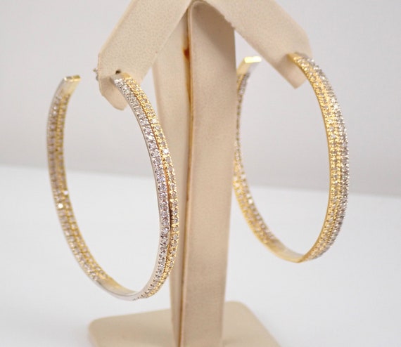 Gold Hoop Earrings 18K Yellow and White Gold 2.50 ct Diamond Earrings Gold Diamond Hoops ScrewBack In and Out