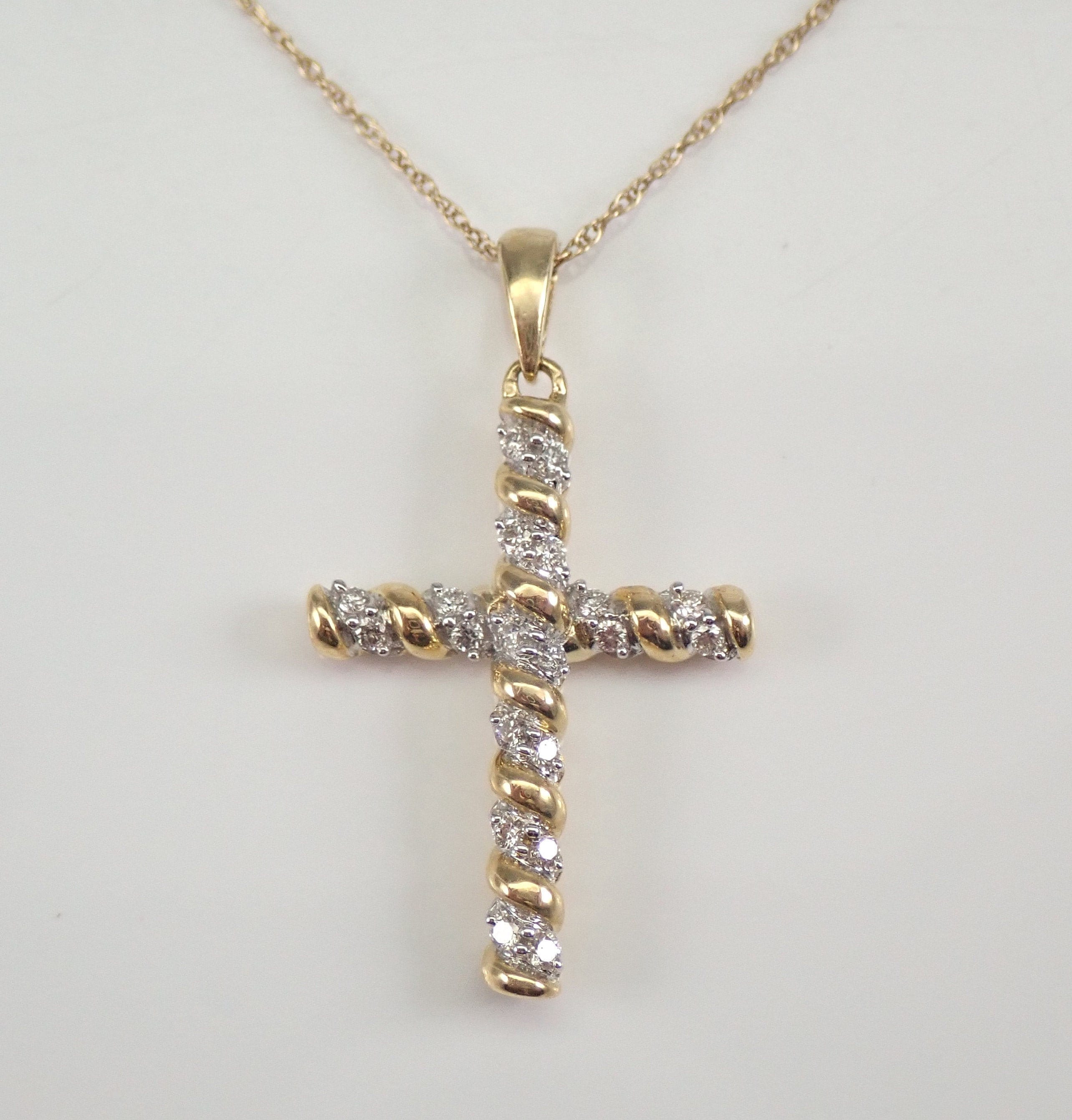 Yellow Gold Diamond CROSS Pendant Necklace Religious Charm 18 Chain