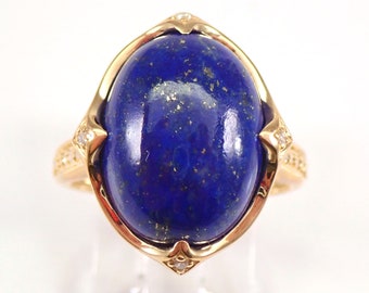 Lapis Lazuli Right Hand Ring, Solid Yellow Gold Diamond and Gemstone Fine Jewelry