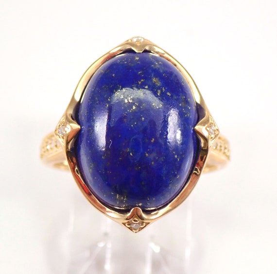 Lapis Lazuli Right Hand Ring, Solid Yellow Gold Diamond and Gemstone Fine Jewelry